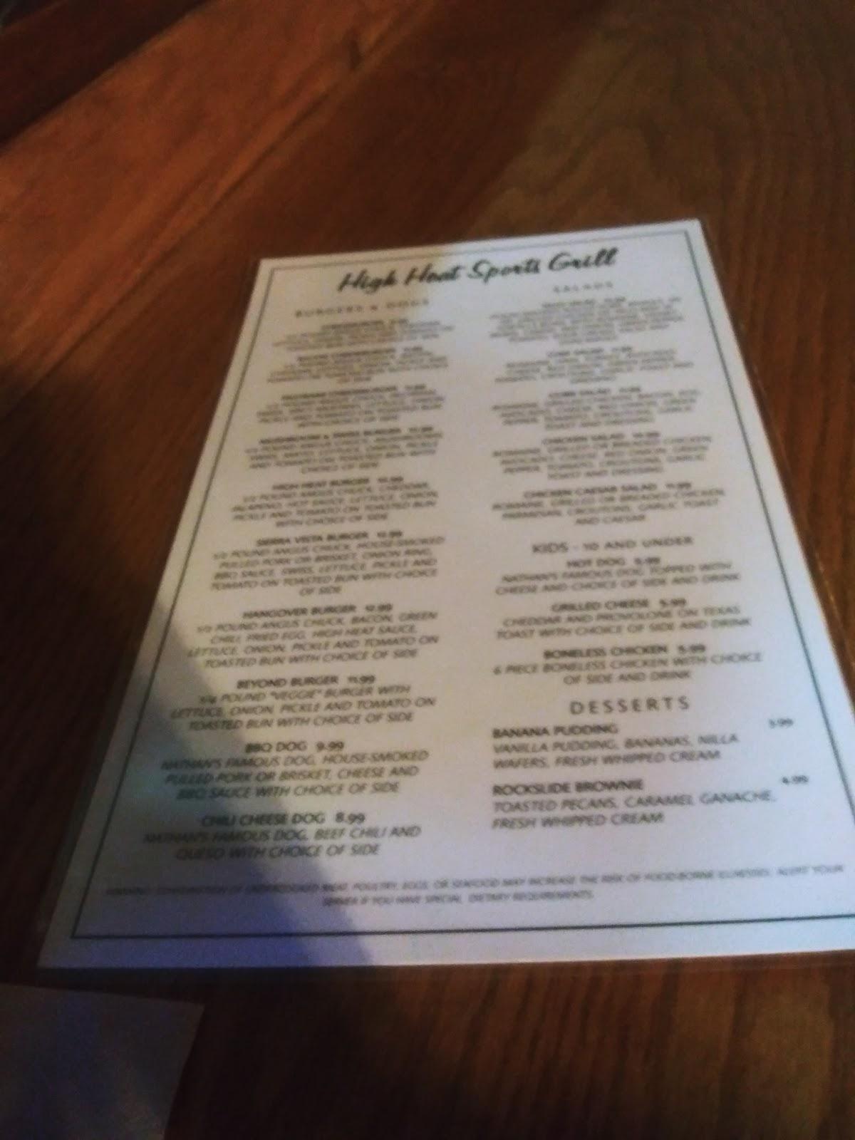 Menu at High Heat Sports Grill pub & bar, Sierra Vista