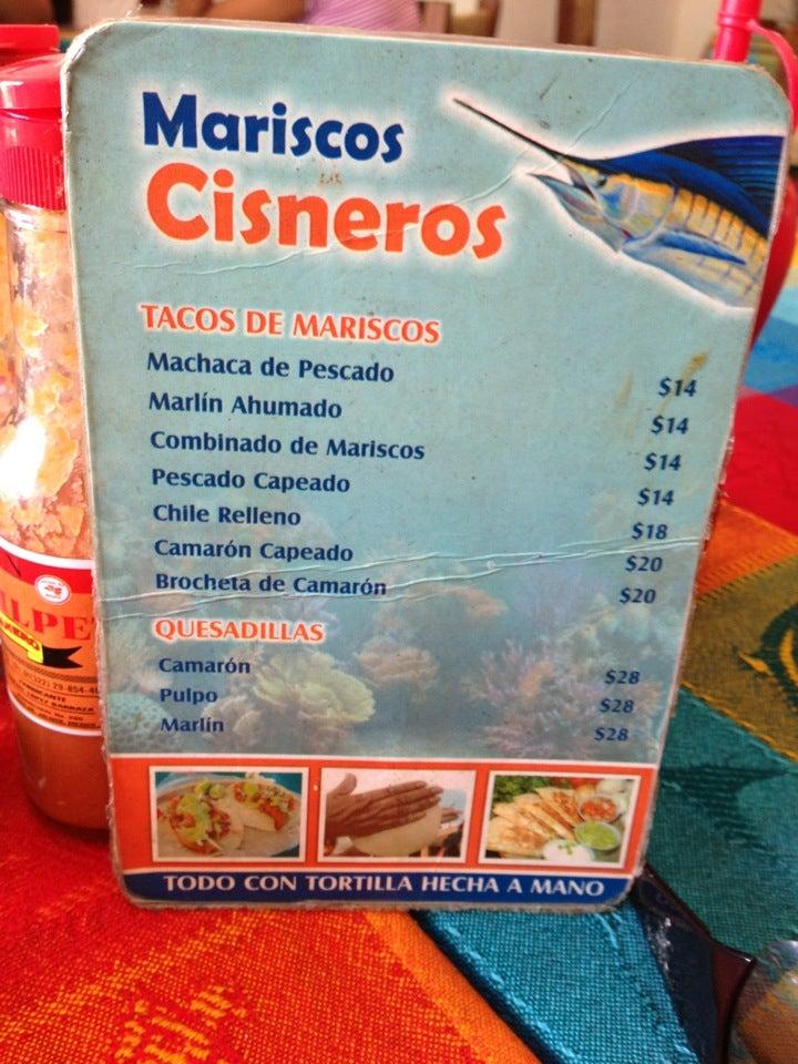 Menu at Mariscos Cisneros restaurant, Puerto Vallarta, Aguacate 271