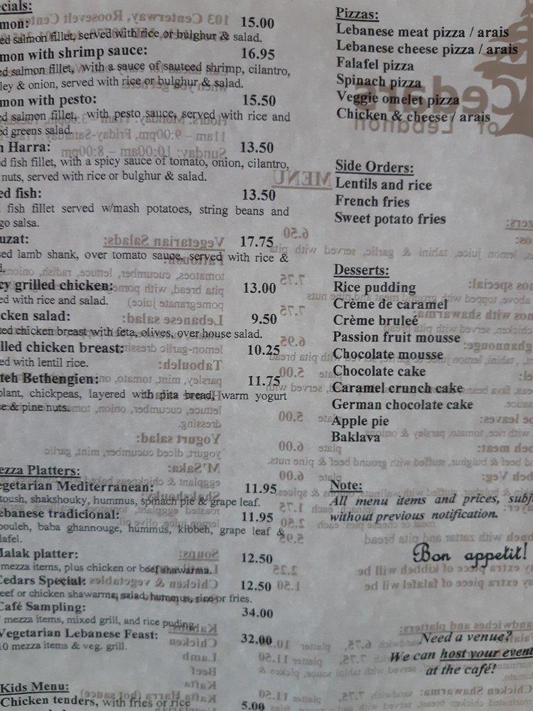 Menu at Cedars of Lebanon restaurant, Greenbelt