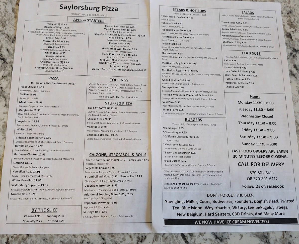 Menu at Saylorsburg pizza pizzeria, Saylorsburg