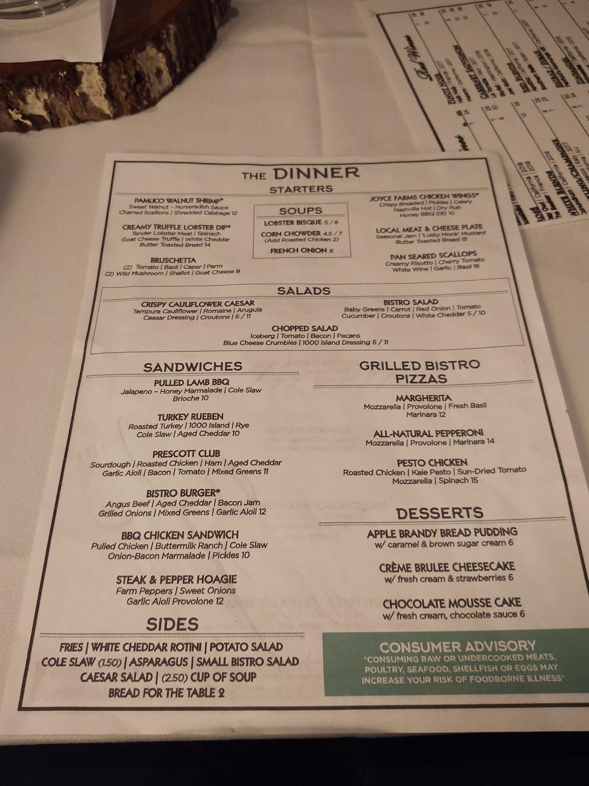 Menu at The Prescott restaurant, Kernersville