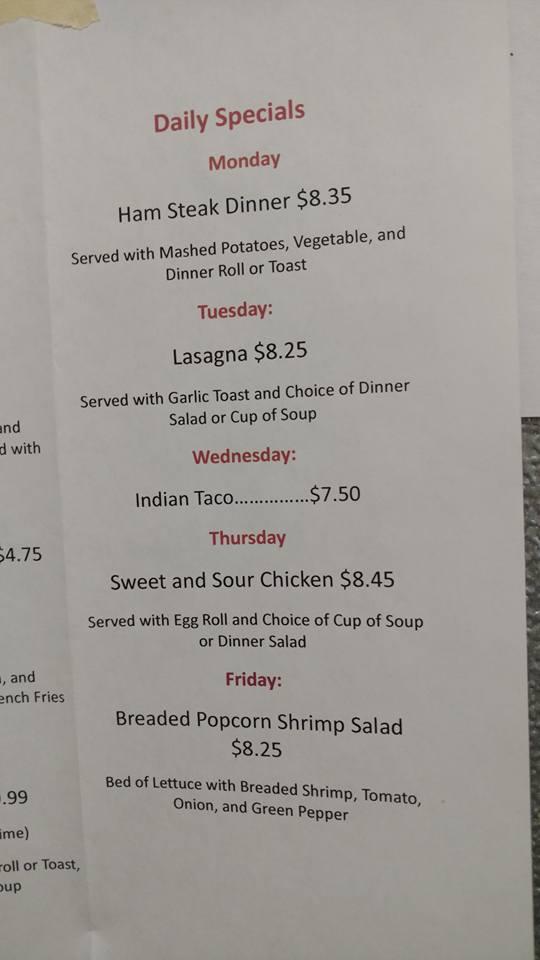 Menu at Prairie Inn restaurant, Carrington, 312 Hwy 281 NE