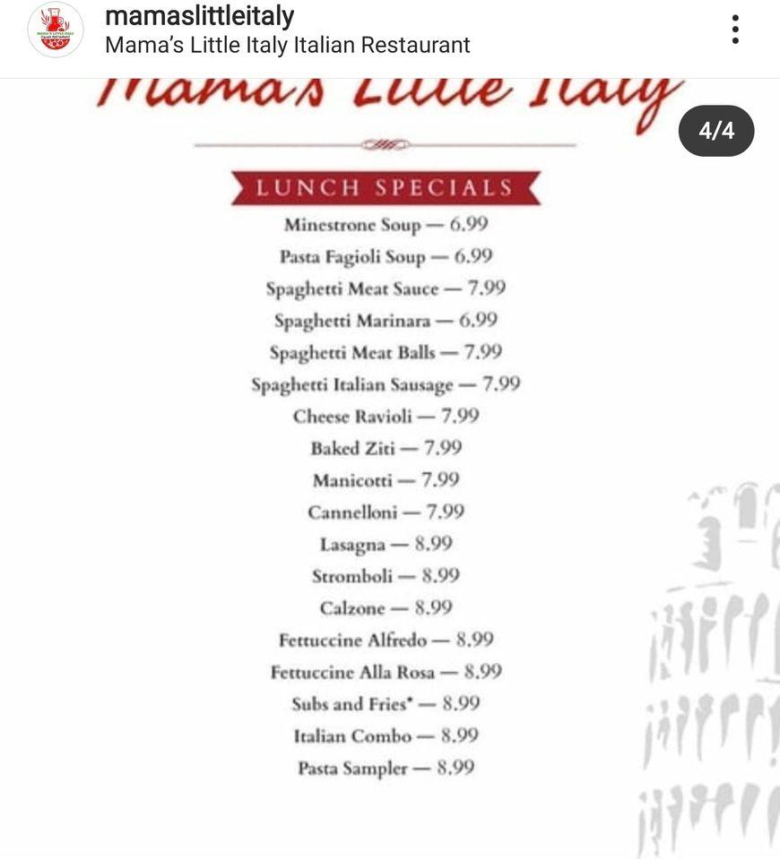 Menu at Mama's Little Italy restaurant, Hot Springs