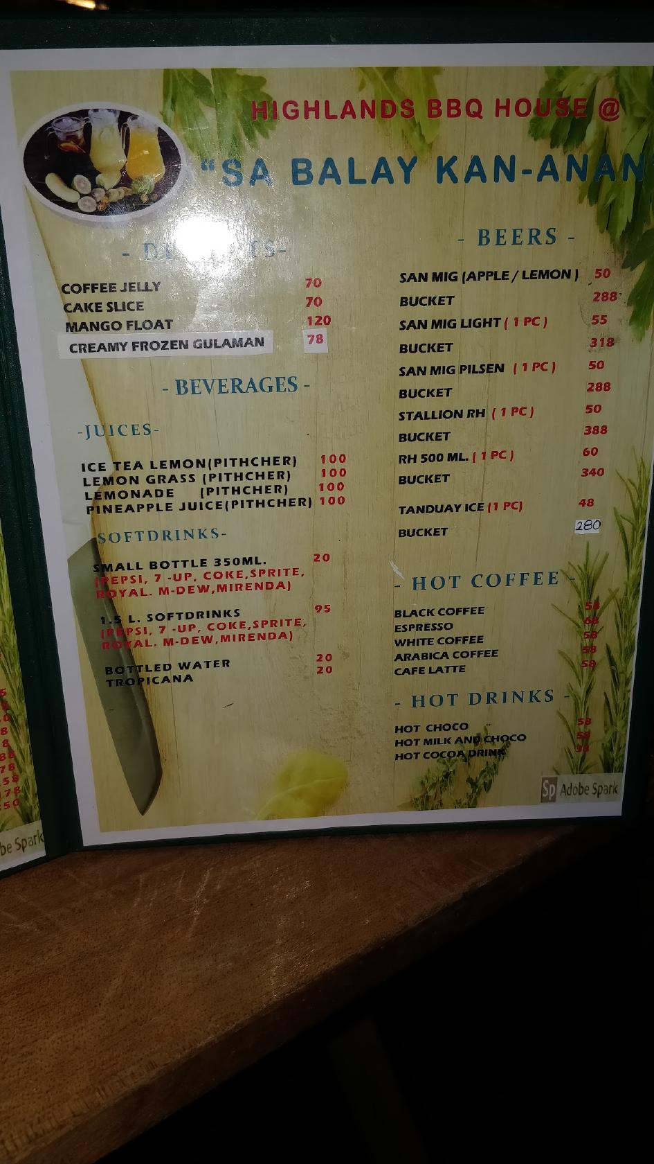Menu at Highlands Barbeque, Ormoc