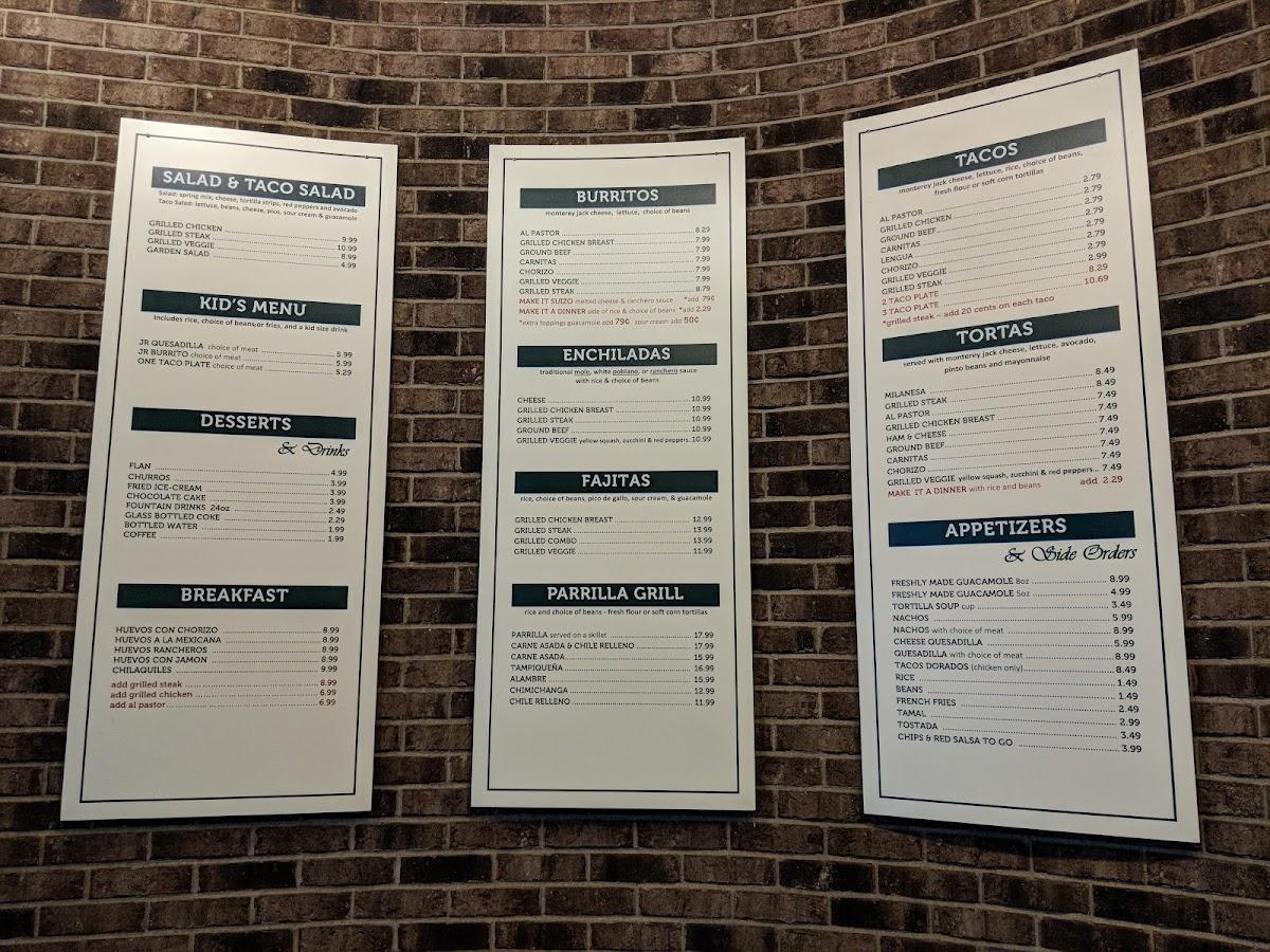 Menu at Burrito Parrilla Mexicana restaurant, Lombard, S Highland Ave 101