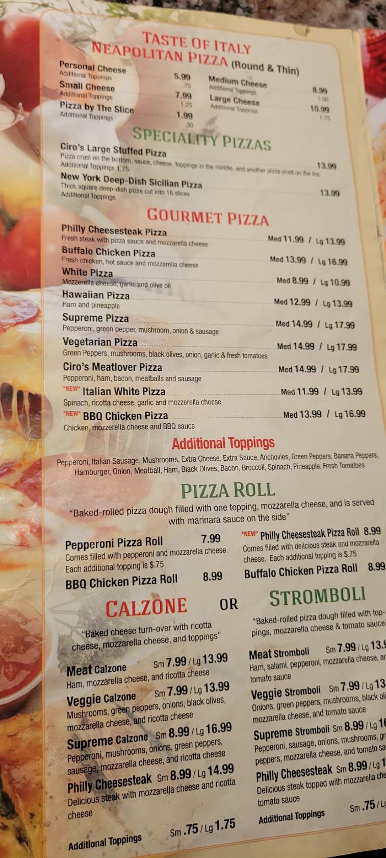 Menu at Ciro's Pizza pizzeria, Strasburg