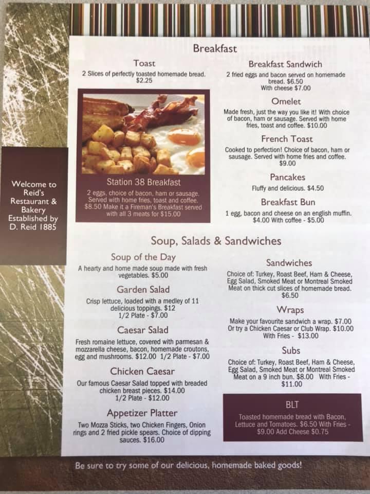 Menu at Reid's Restaurant & Bakery, Middle Musquodoboit