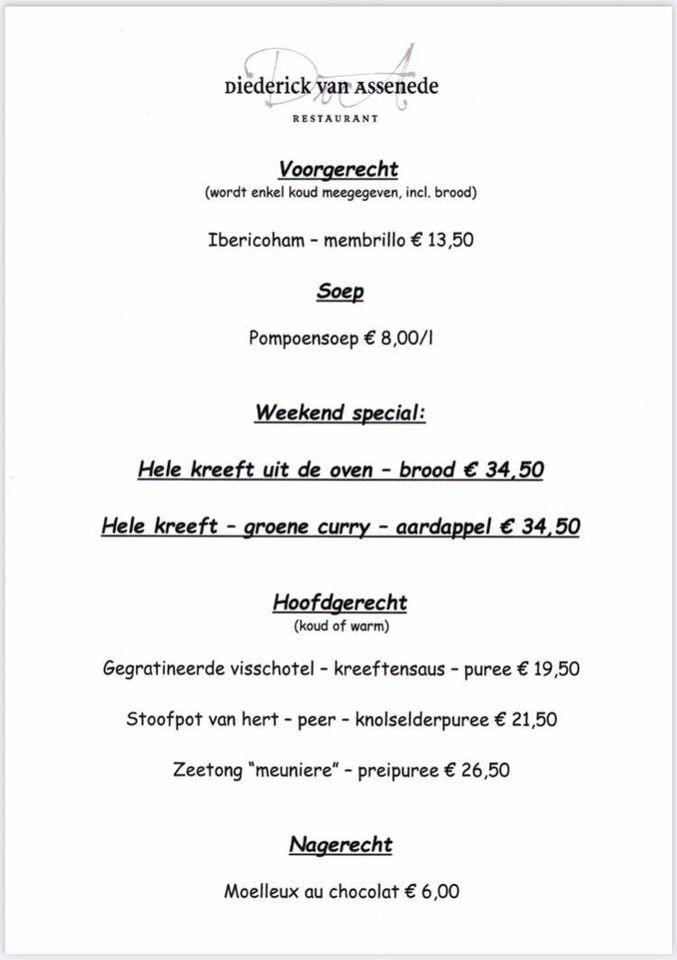Menu de Restaurant Diederick van Assenede