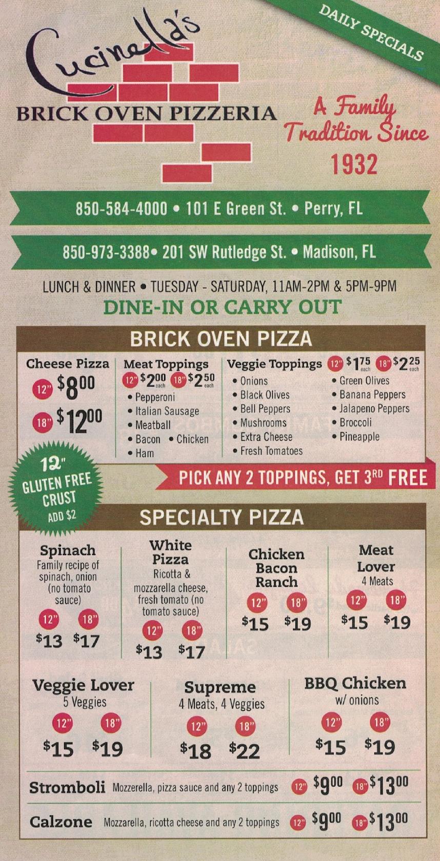 Menu at Cucinella's Brick Oven Pizzeria, Perry