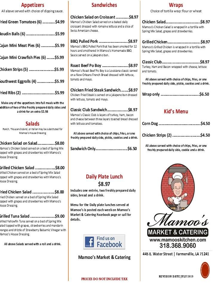 Menu at Mamoo's Market & Catering restaurant, Farmerville