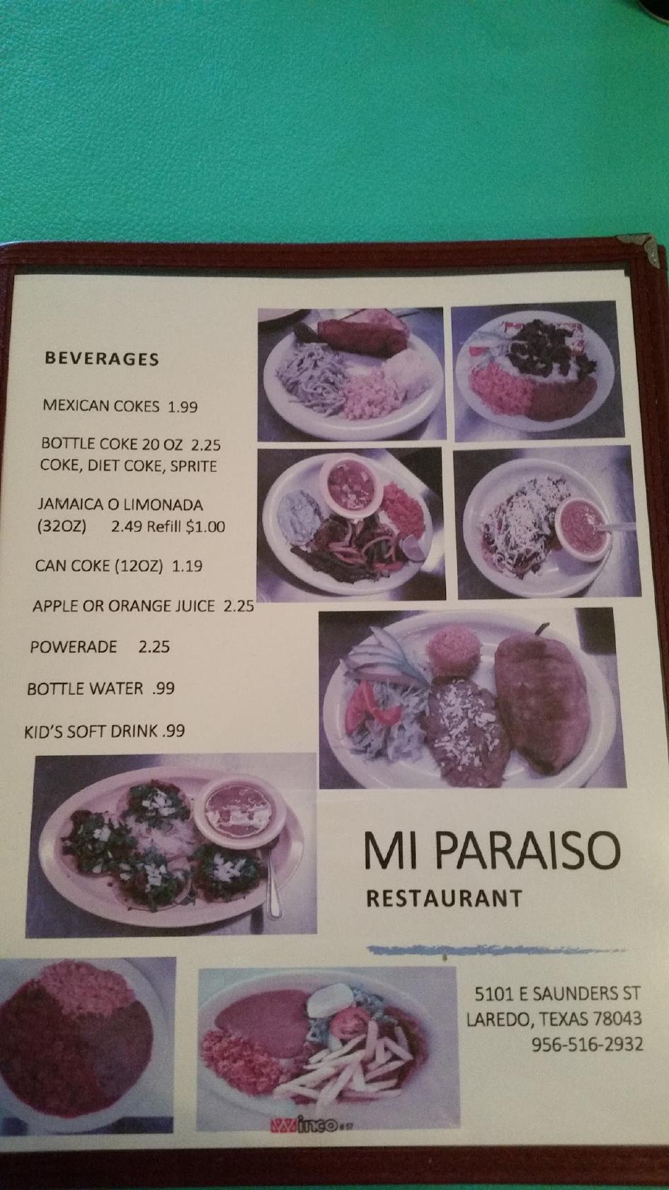 Menu at Mi Paraiso Restaurant, Laredo