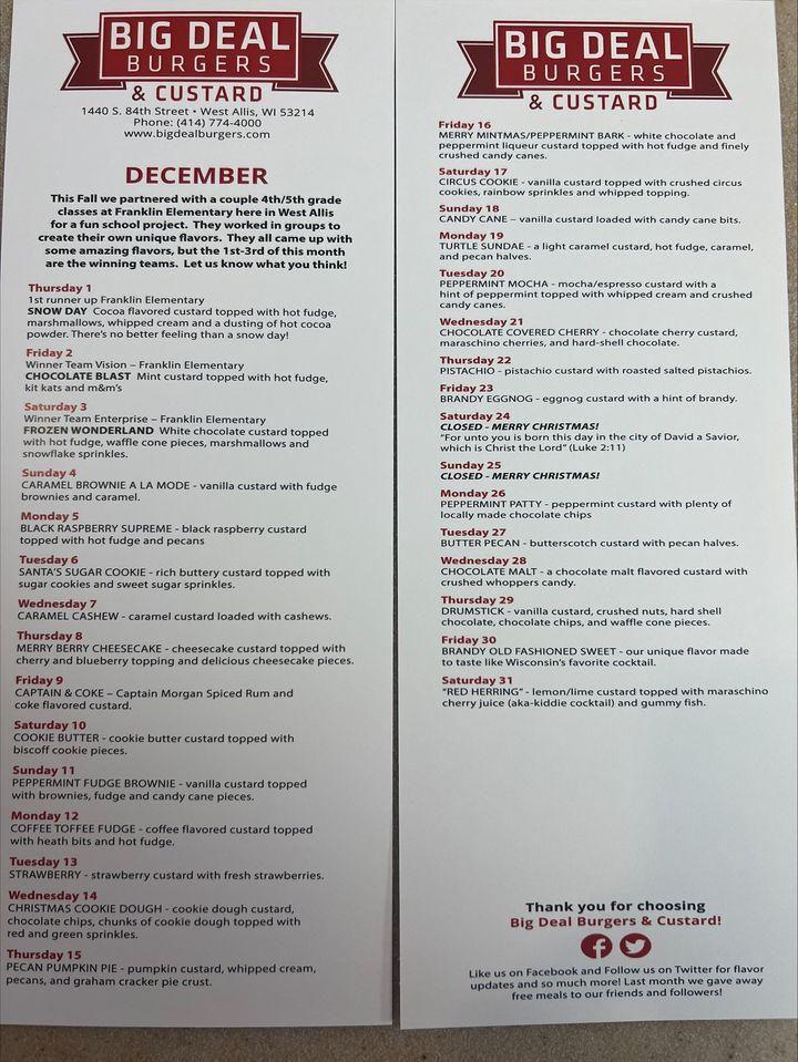 Menu at Big Deal Burgers & Custard restaurant, West Allis