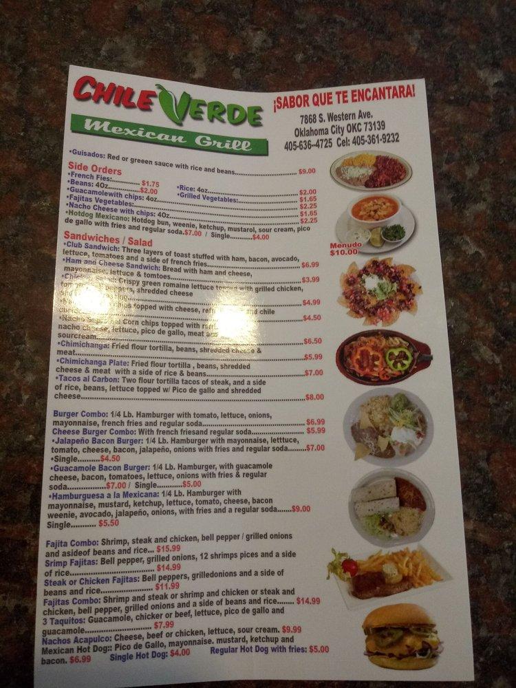 Menu at Chili Verde Mexican Grill restaurant, Oklahoma City