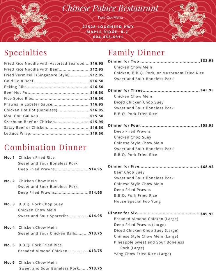 Menu at Chinese Palace Restaurant, Maple Ridge, Lougheed Hwy.