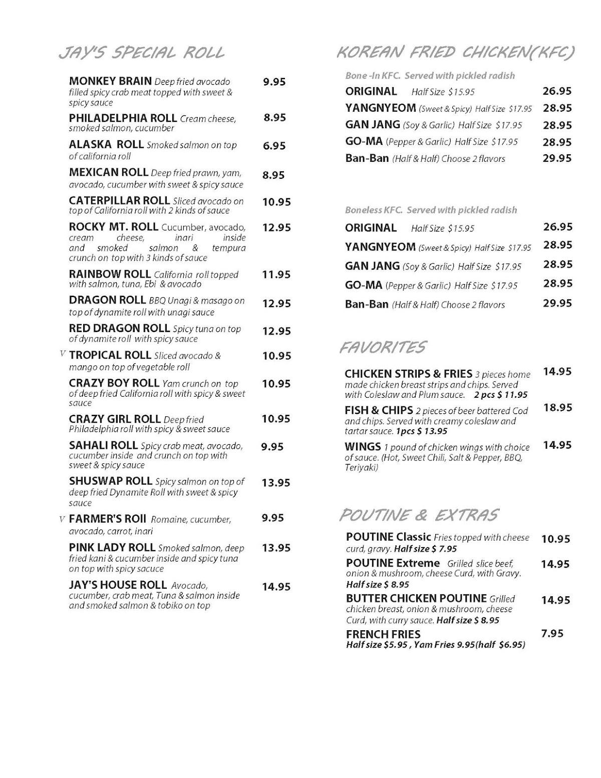 Menu at Jay’s Sushi & Tempura House restaurant, Kamloops