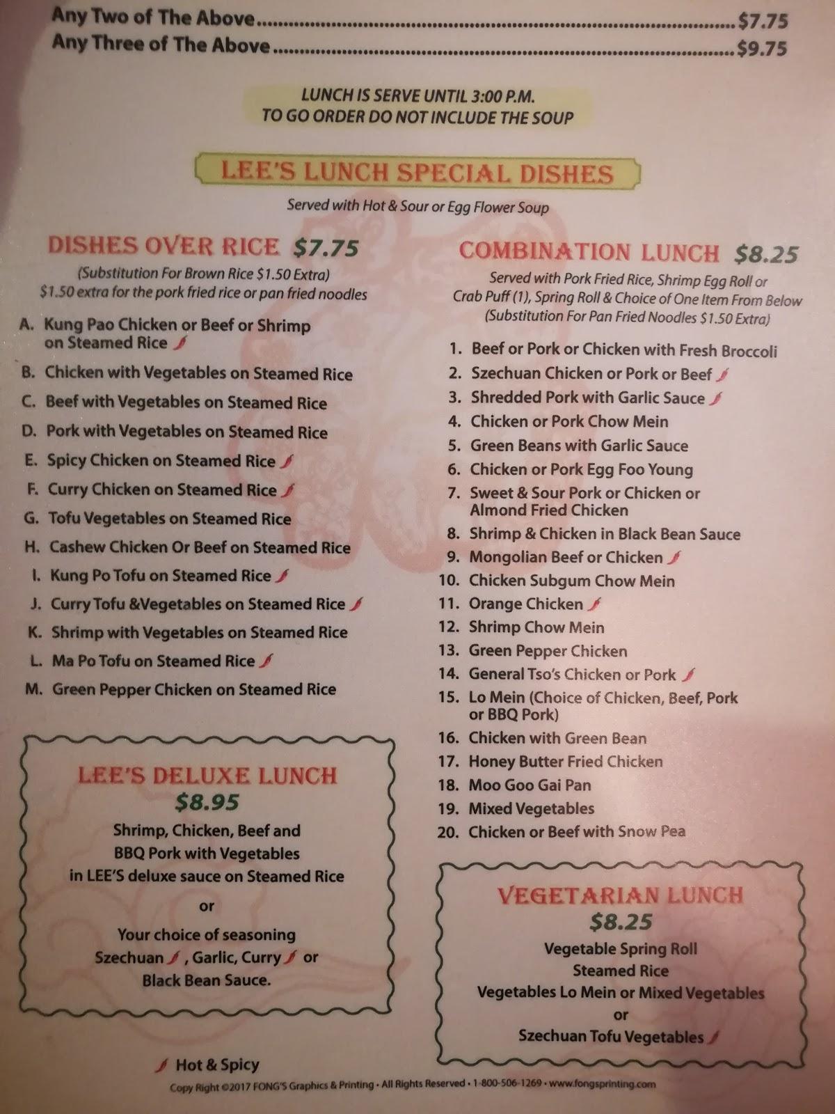Menu at Lee's Chinese Restaurant, Lincoln City