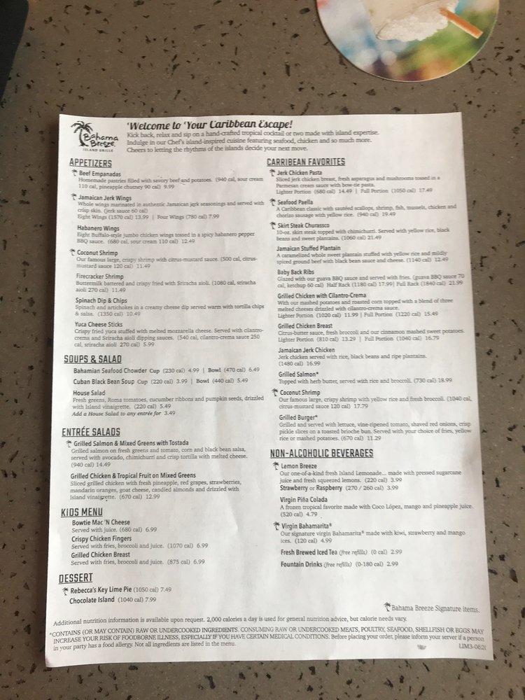 Menu at Bahama Breeze pub & bar, Toms River