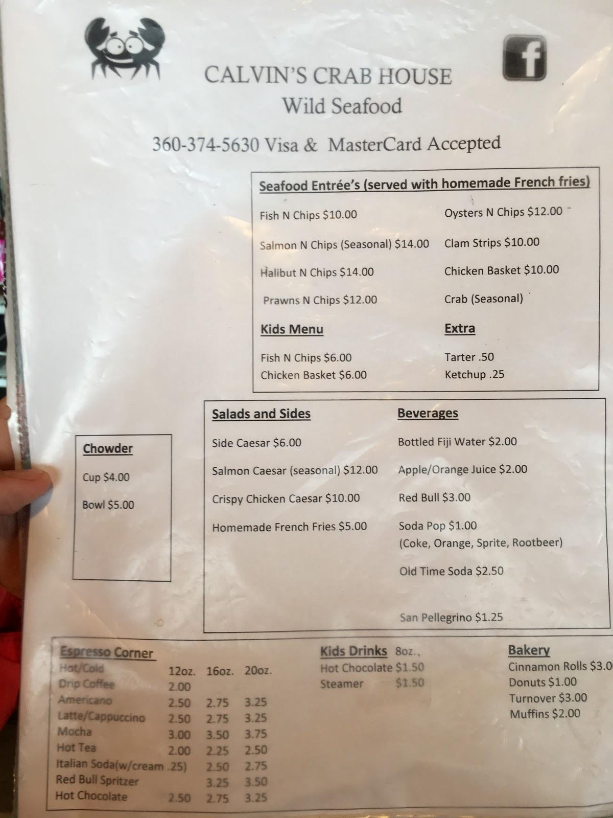 Menu at Calvins Crab House restaurant, Neah Bay