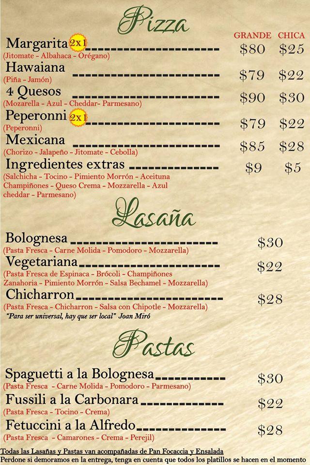 Menu at La Vera Pizza restaurant, Guadalajara