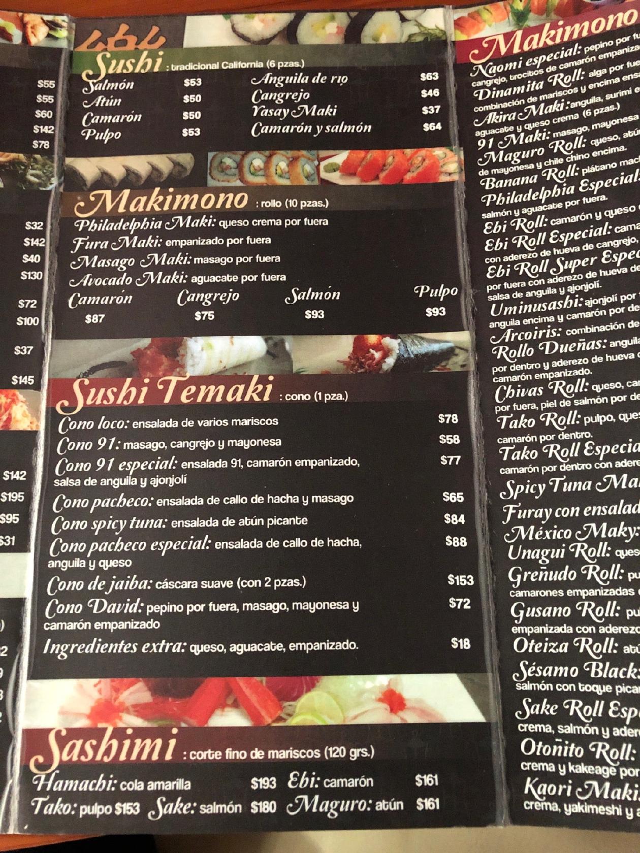 Carta del restaurante Naomi Sushi San Isidro, Zapopan