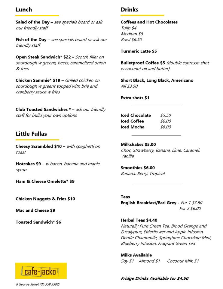 Menu at Cafe Jacko, Palmerston North