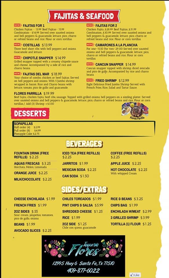 Menu at Taquería Flores restaurant, Santa Fe
