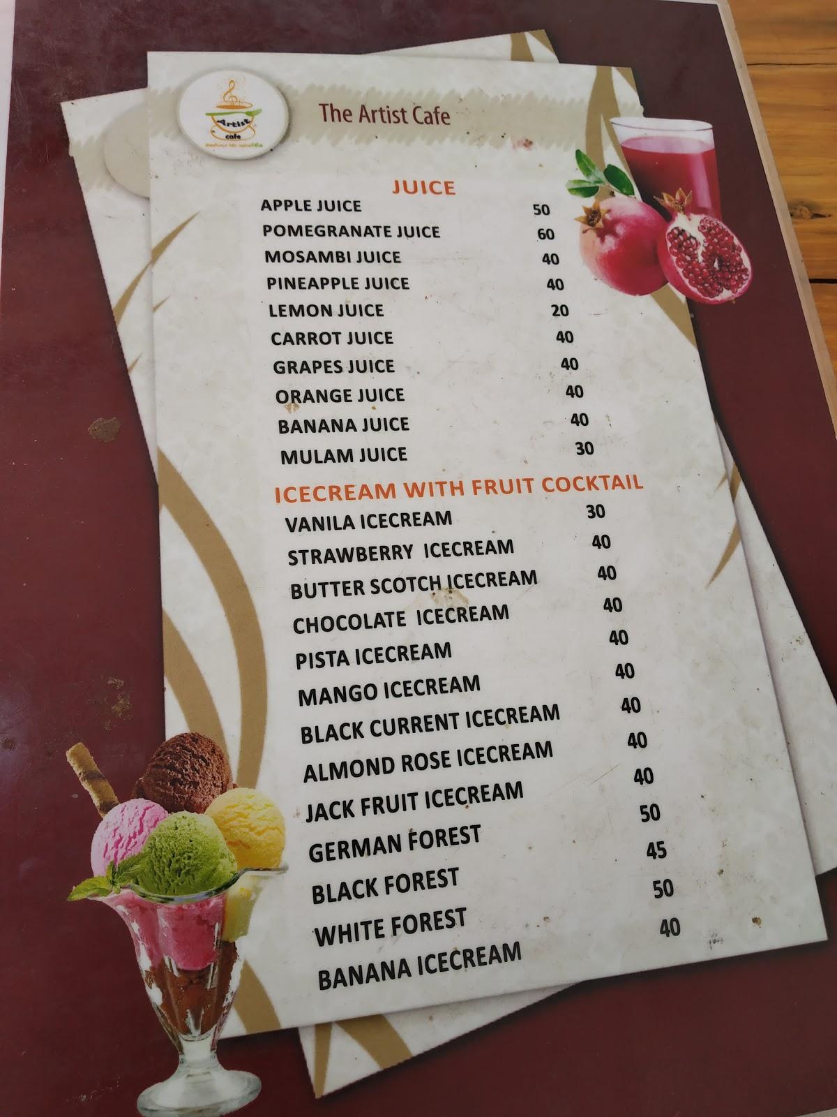 Menu at The Artist Cafe, Coimbatore