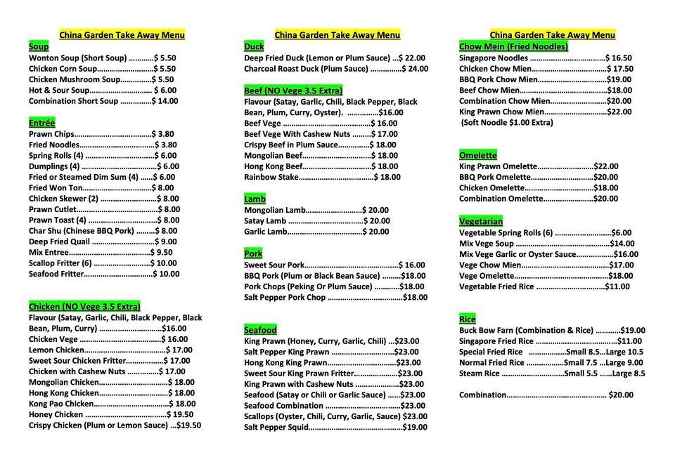Menu at China Garden Chinese Restaurant, Devonport