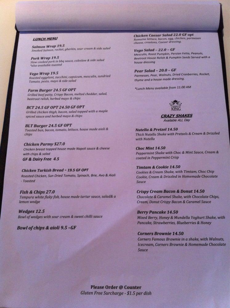 Menu at Corners on King Cafe, Bunbury