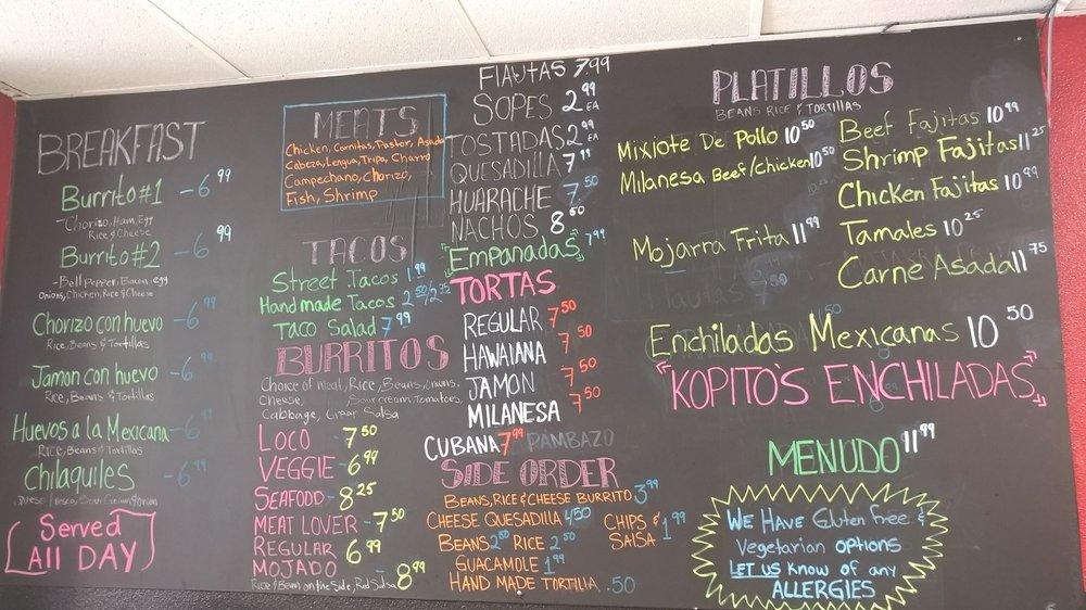 Menu at Taqueria Kopitos restaurant, Newberg