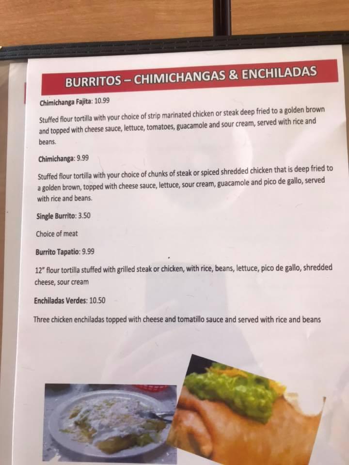 Menu at El Tapatio restaurant, Monticello