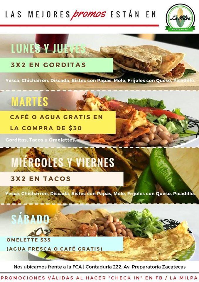 Menu at La Milpa restaurant, Zacatecas