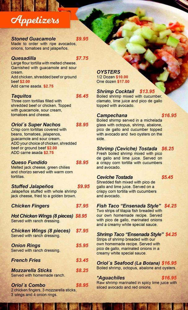 Menu at Oriol's Restaurant, Bullhead City, Mohave Dr ste 2