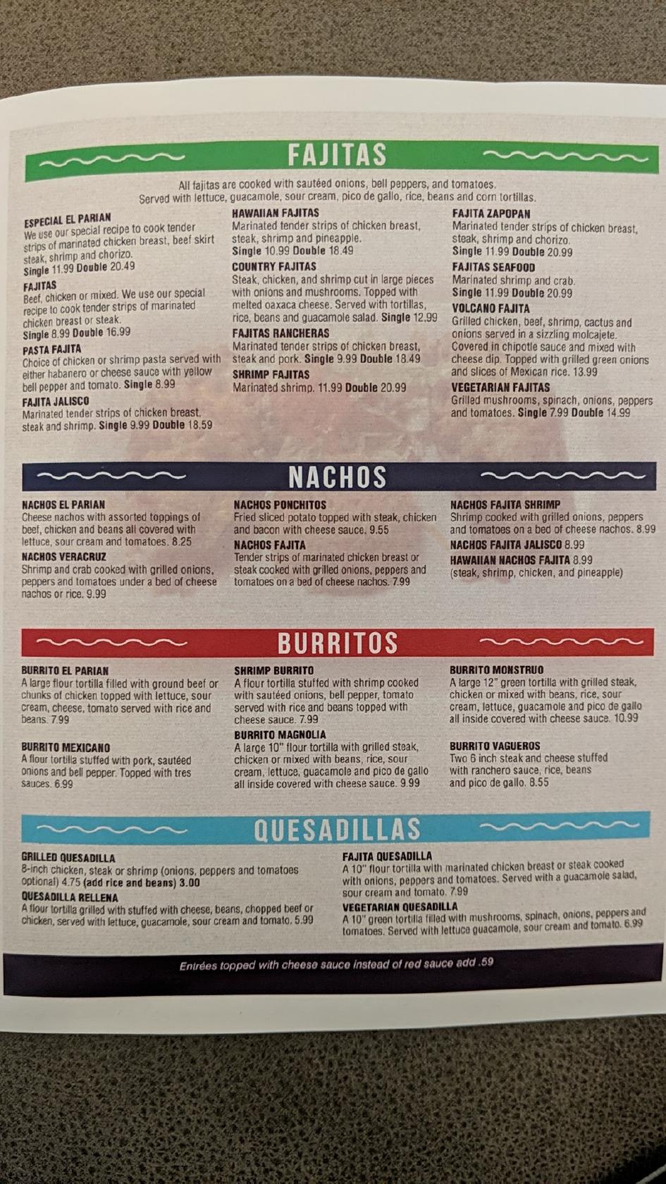 Menu at El Parian restaurant, Magnolia