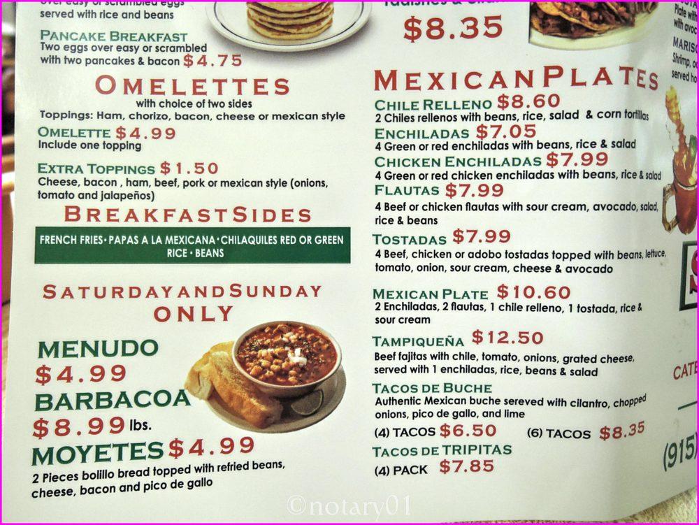 Menu at Santa Cecilia Restaurant, El Paso, El Paso Dr