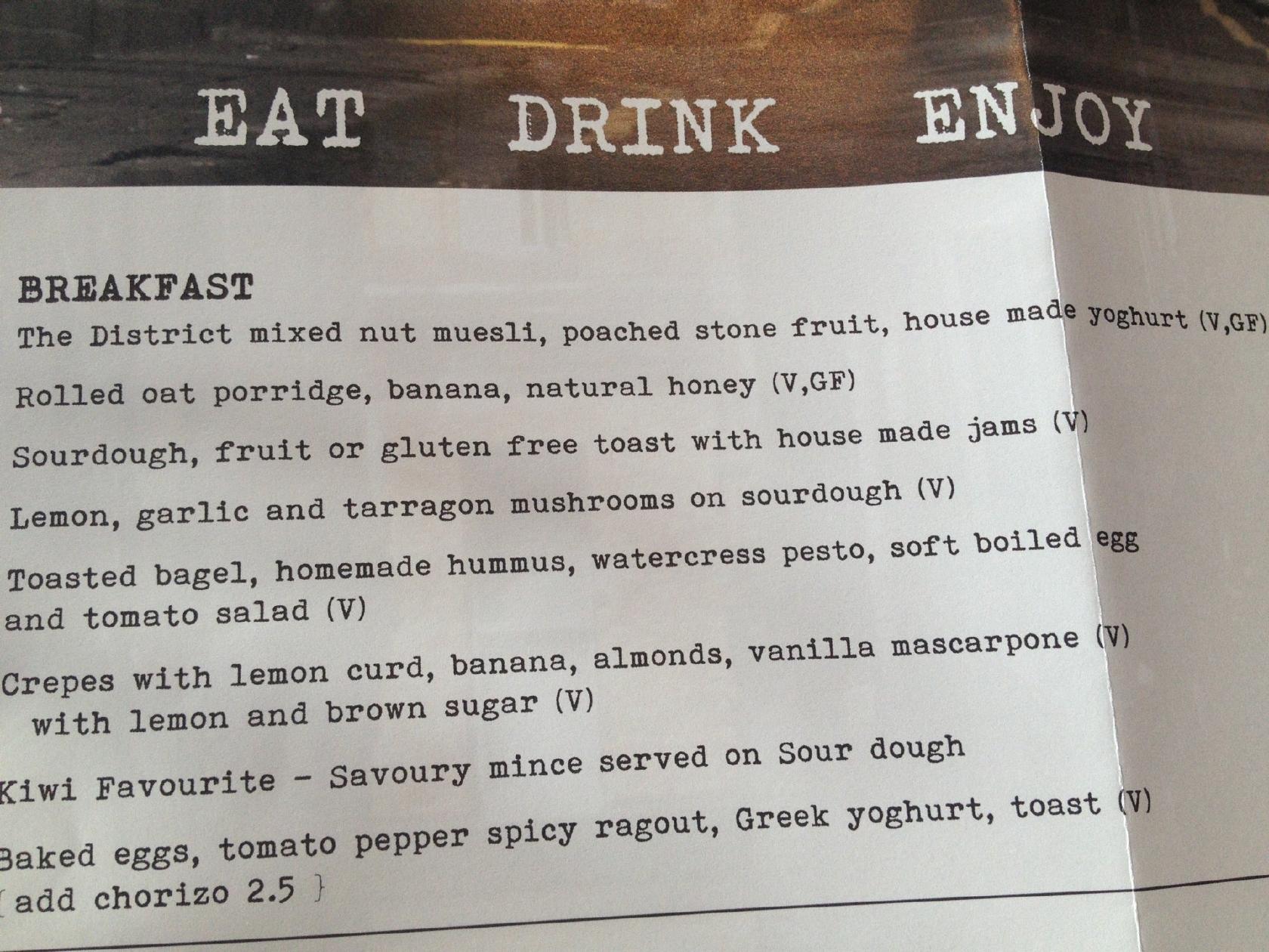 Menu at The District Cafe / Bar / Eatery, Hamilton