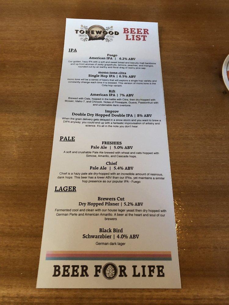 Menu at Tonewood Brewing restaurant, Oaklyn