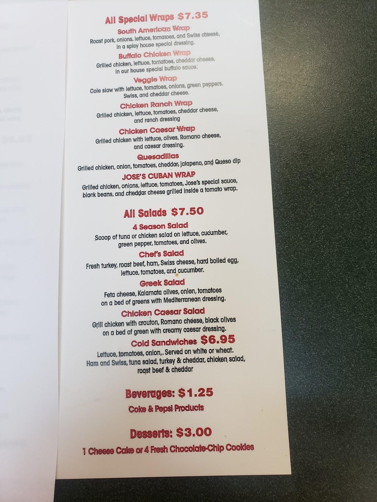 Menu at Jose's Cuban Sandwich &Deli restaurant, Williamston