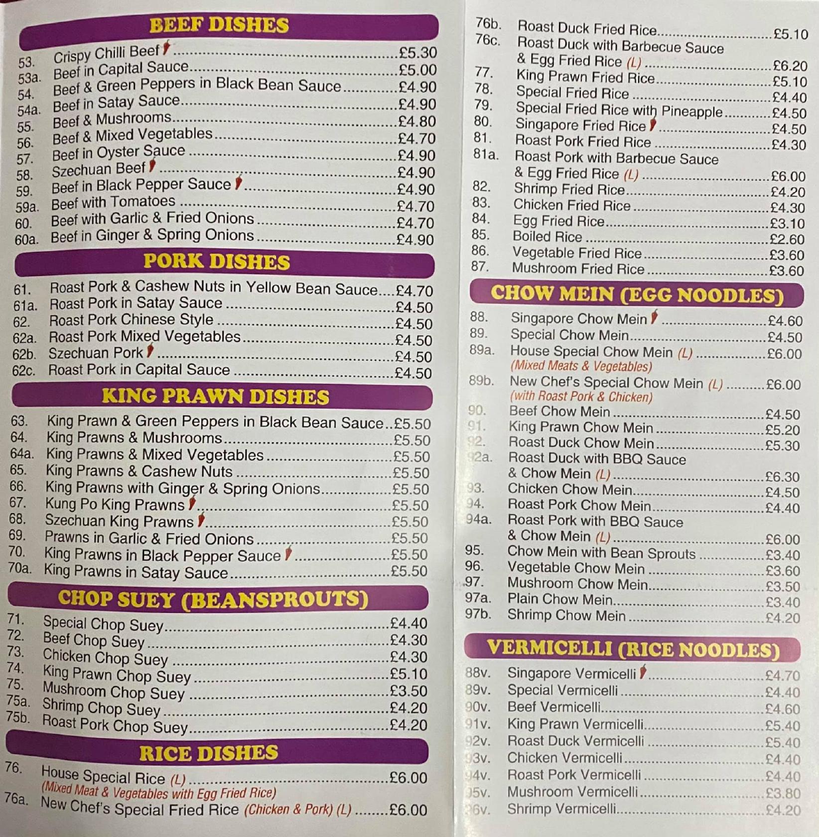 Carta de comida rápida Mayflower Chinese Takeaway, Gravesend