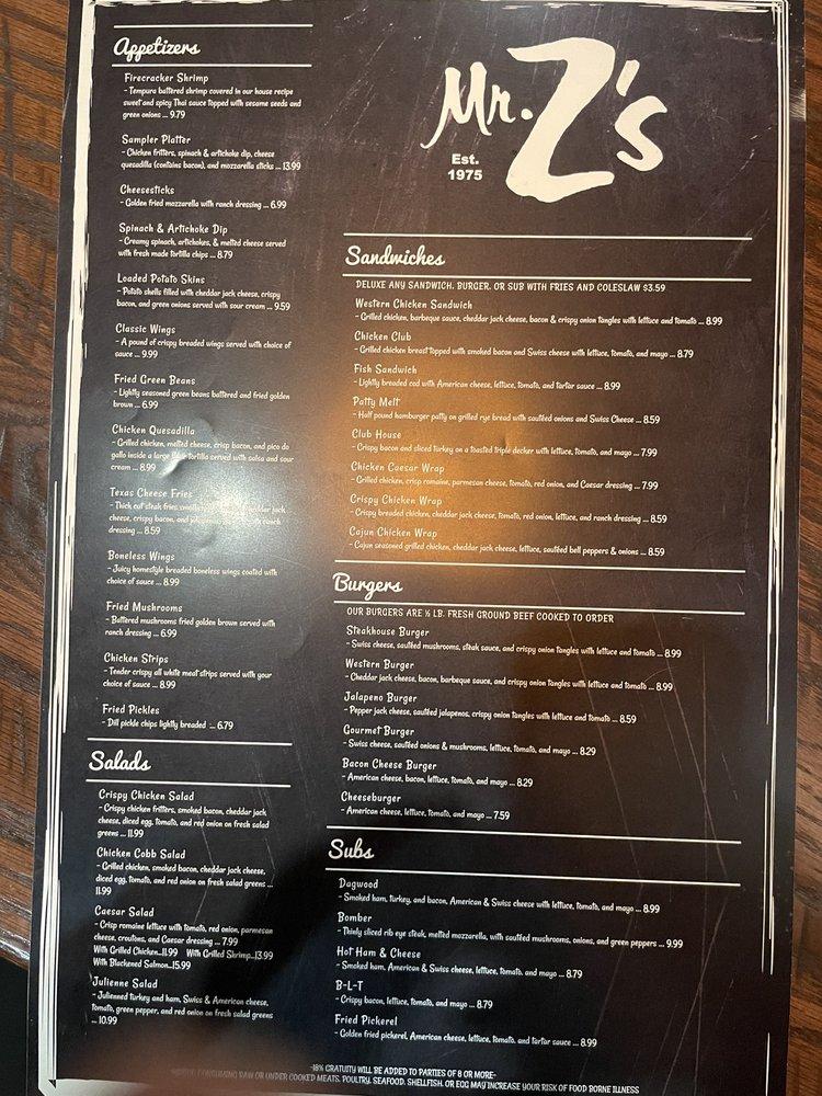 Menu at Mr Z's pub & bar, Memphis
