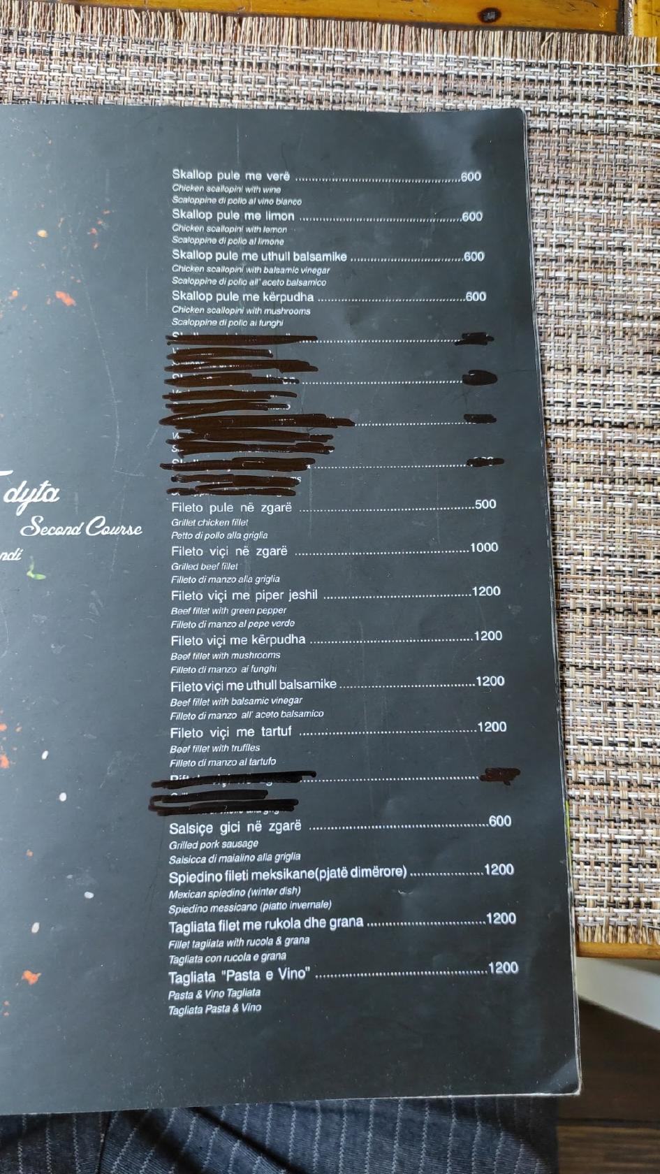 Menu at Pasta e Vino restaurant, Shkodër, AL