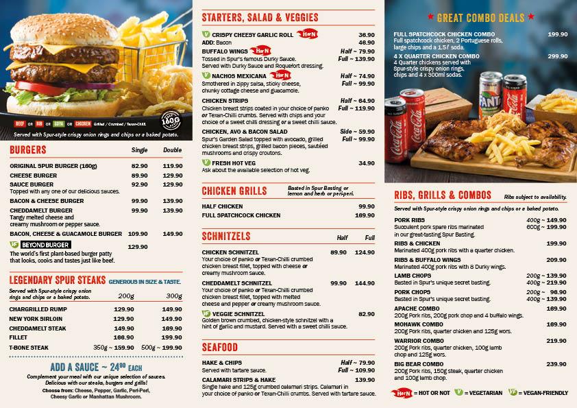 Menu Au Phoenix Spur Steak Ranch Restaurant Pretoria