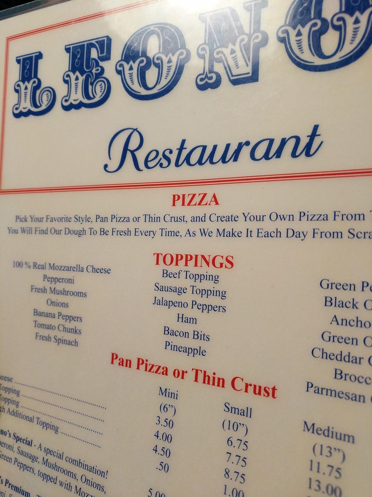 Menu at Leono's pizzeria, Cynthiana