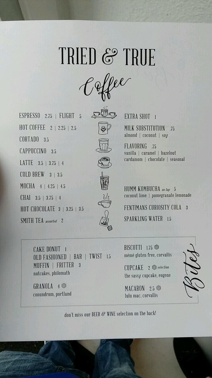 Menu at Tried & True Coffee Company restaurant, Corvallis, 120 SW