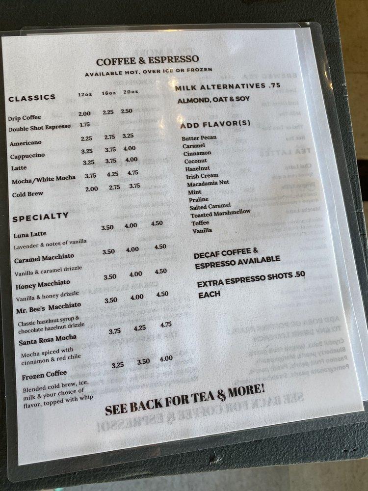 Menu at Mr. Bee's Coffee & Teas cafe, Santa Rosa