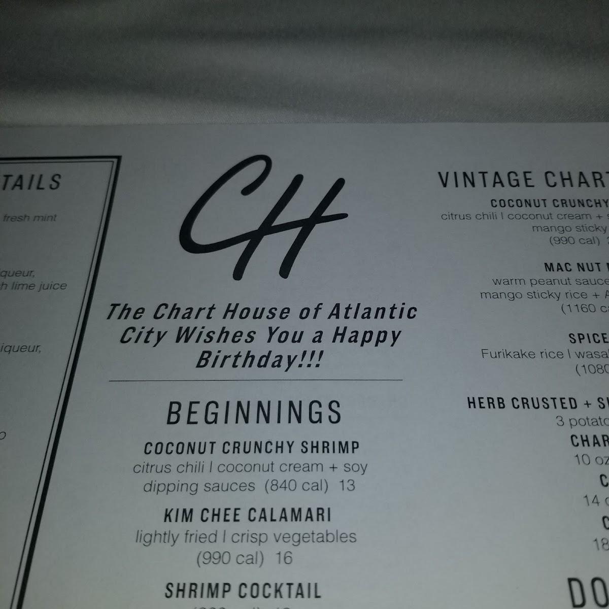 Menu at Chart House steakhouse, Atlantic City