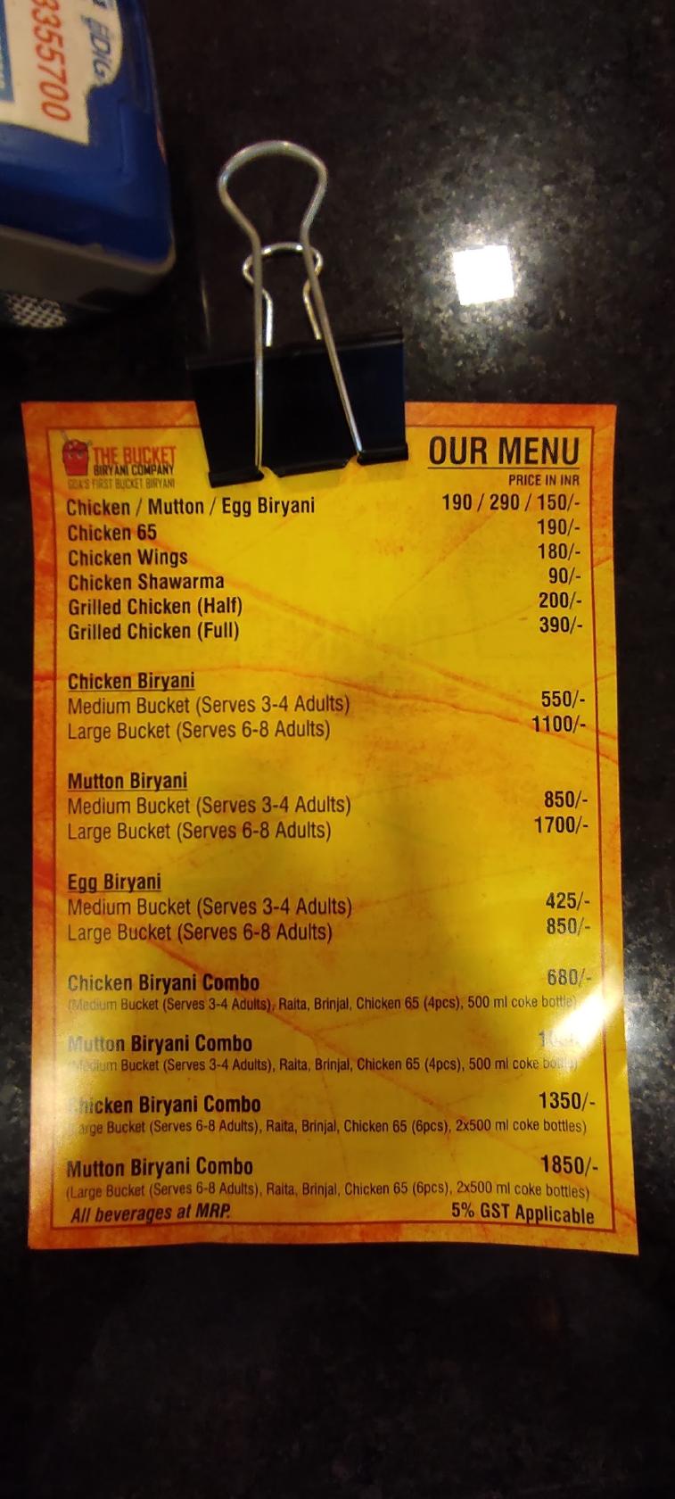 Menu at The Bucket Biryani Company, Margao