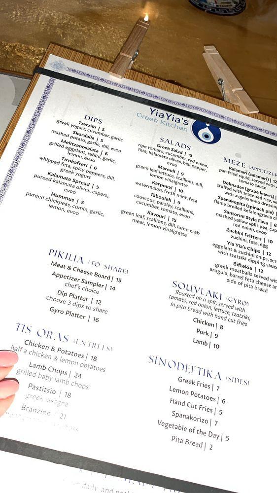 Menu at YiaYia's Greek Kitchen restaurant, Torrington