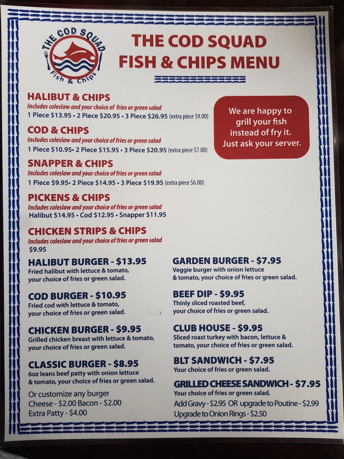 Menu at Cod Squad Fish & Chips restaurant, Nanaimo
