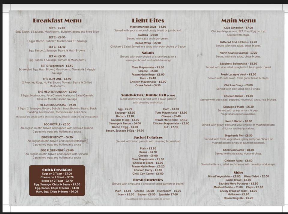 Menu at Eureka Cafe, Ashford